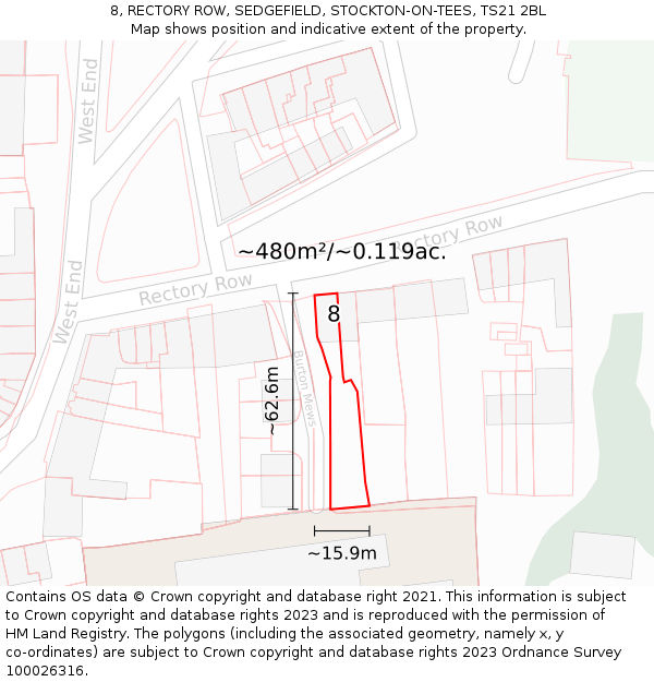 8, RECTORY ROW, SEDGEFIELD, STOCKTON-ON-TEES, TS21 2BL: Plot and title map