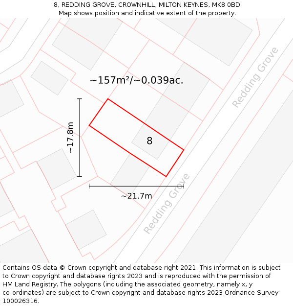 8, REDDING GROVE, CROWNHILL, MILTON KEYNES, MK8 0BD: Plot and title map