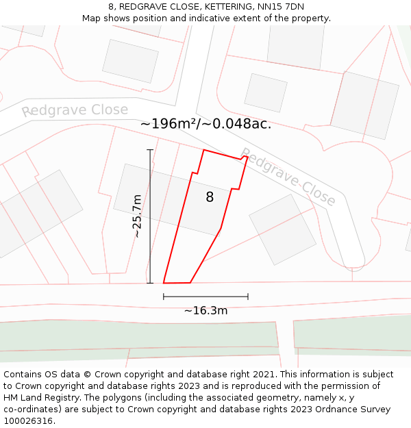8, REDGRAVE CLOSE, KETTERING, NN15 7DN: Plot and title map
