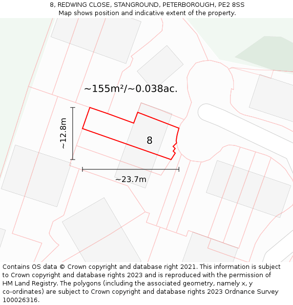 8, REDWING CLOSE, STANGROUND, PETERBOROUGH, PE2 8SS: Plot and title map