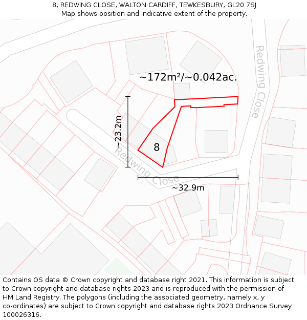 8, REDWING CLOSE, WALTON CARDIFF, TEWKESBURY, GL20 7SJ: Plot and title map