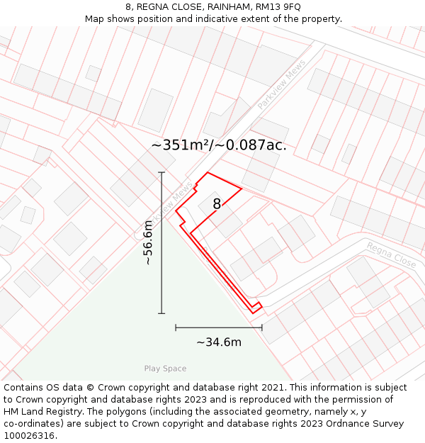 8, REGNA CLOSE, RAINHAM, RM13 9FQ: Plot and title map