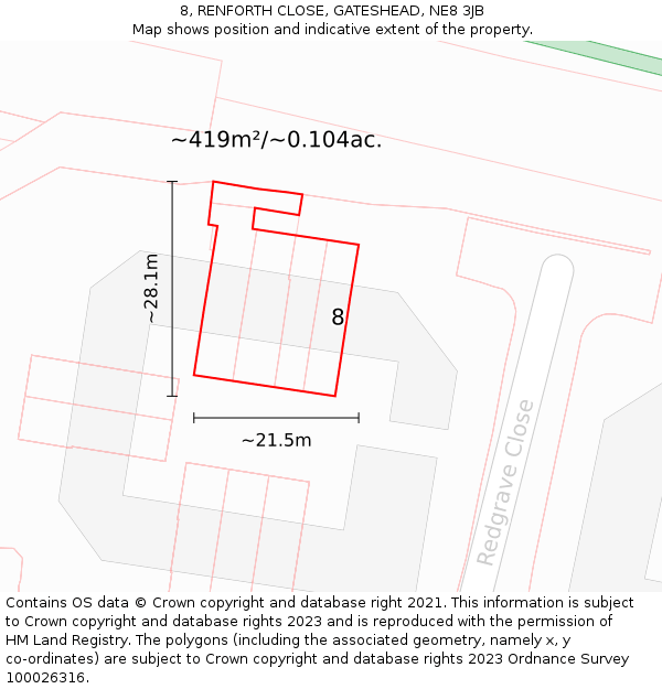 8, RENFORTH CLOSE, GATESHEAD, NE8 3JB: Plot and title map