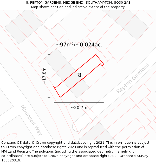 8, REPTON GARDENS, HEDGE END, SOUTHAMPTON, SO30 2AE: Plot and title map
