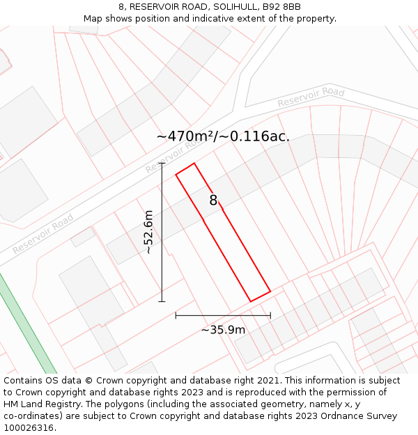 8, RESERVOIR ROAD, SOLIHULL, B92 8BB: Plot and title map