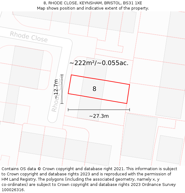 8, RHODE CLOSE, KEYNSHAM, BRISTOL, BS31 1XE: Plot and title map