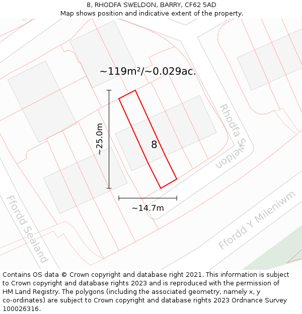 8, RHODFA SWELDON, BARRY, CF62 5AD: Plot and title map