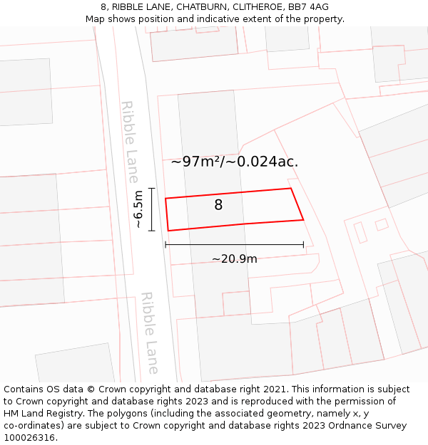 8, RIBBLE LANE, CHATBURN, CLITHEROE, BB7 4AG: Plot and title map
