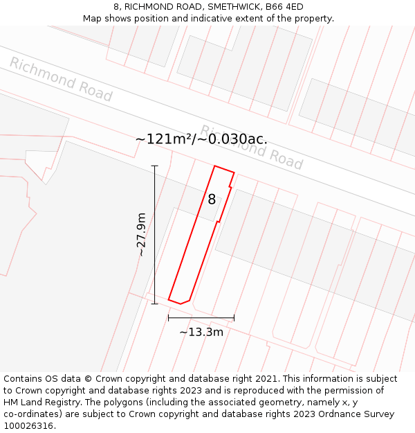 8, RICHMOND ROAD, SMETHWICK, B66 4ED: Plot and title map