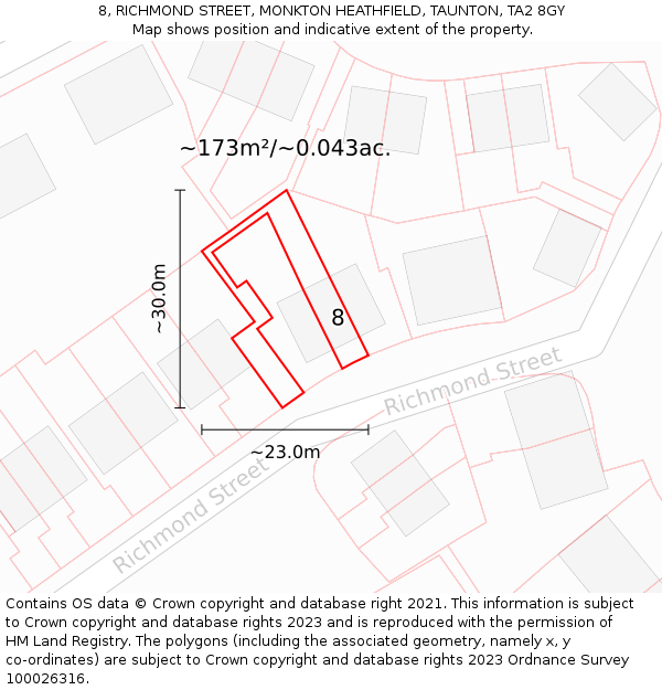 8, RICHMOND STREET, MONKTON HEATHFIELD, TAUNTON, TA2 8GY: Plot and title map