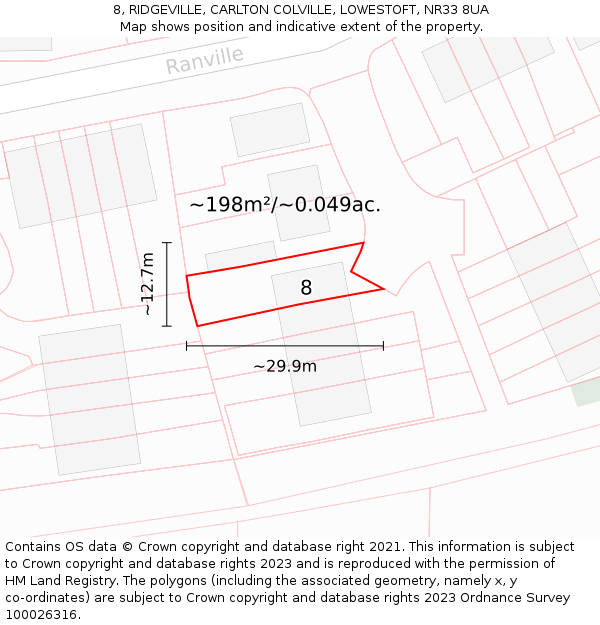 8, RIDGEVILLE, CARLTON COLVILLE, LOWESTOFT, NR33 8UA: Plot and title map