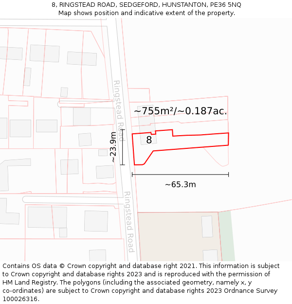 8, RINGSTEAD ROAD, SEDGEFORD, HUNSTANTON, PE36 5NQ: Plot and title map