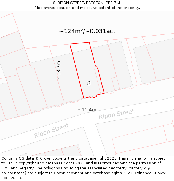 8, RIPON STREET, PRESTON, PR1 7UL: Plot and title map