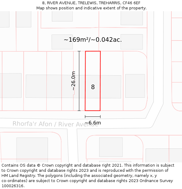 8, RIVER AVENUE, TRELEWIS, TREHARRIS, CF46 6EF: Plot and title map