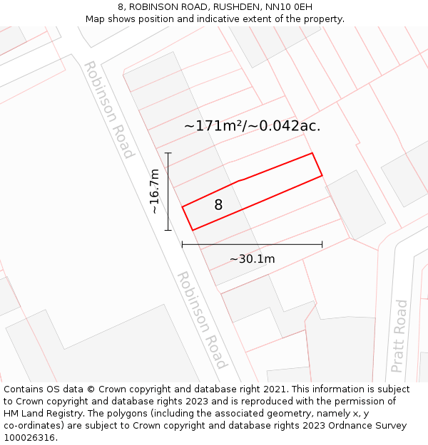 8, ROBINSON ROAD, RUSHDEN, NN10 0EH: Plot and title map