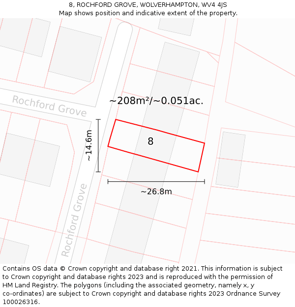 8, ROCHFORD GROVE, WOLVERHAMPTON, WV4 4JS: Plot and title map