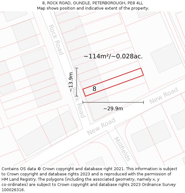 8, ROCK ROAD, OUNDLE, PETERBOROUGH, PE8 4LL: Plot and title map