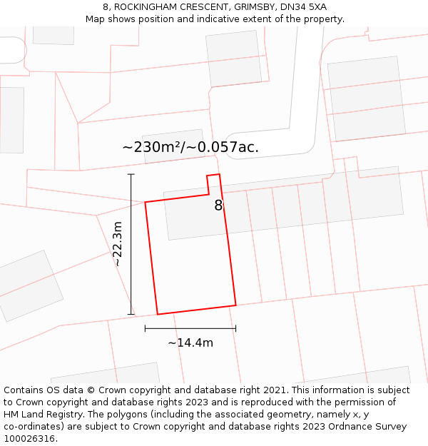 8, ROCKINGHAM CRESCENT, GRIMSBY, DN34 5XA: Plot and title map