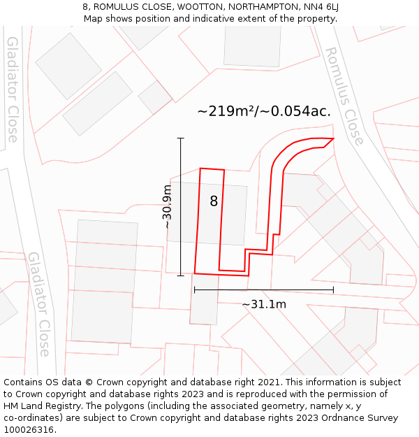 8, ROMULUS CLOSE, WOOTTON, NORTHAMPTON, NN4 6LJ: Plot and title map