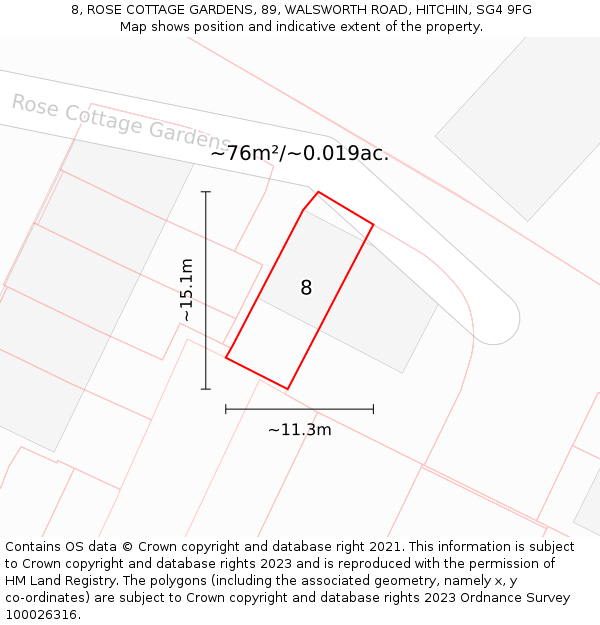 8, ROSE COTTAGE GARDENS, 89, WALSWORTH ROAD, HITCHIN, SG4 9FG: Plot and title map