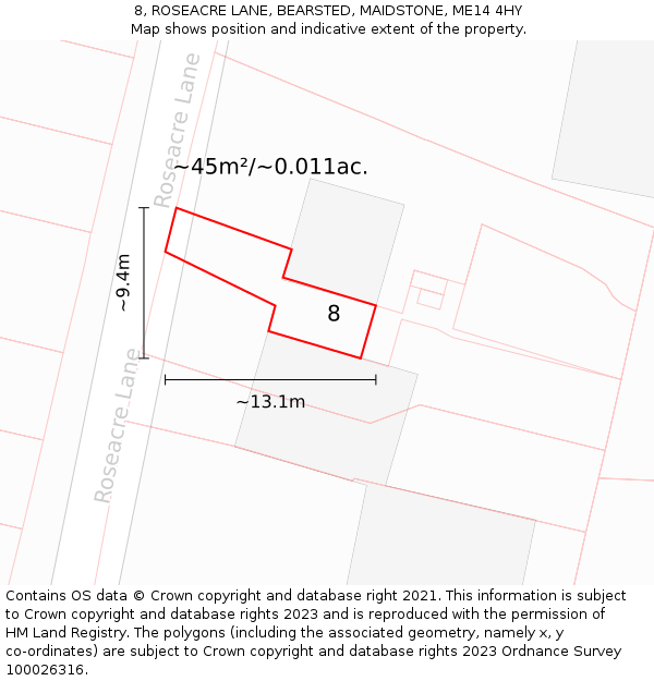 8, ROSEACRE LANE, BEARSTED, MAIDSTONE, ME14 4HY: Plot and title map