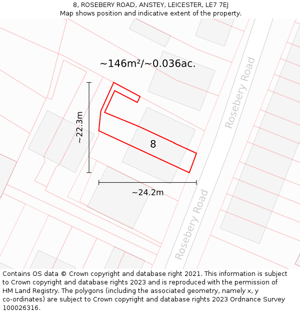 8, ROSEBERY ROAD, ANSTEY, LEICESTER, LE7 7EJ: Plot and title map