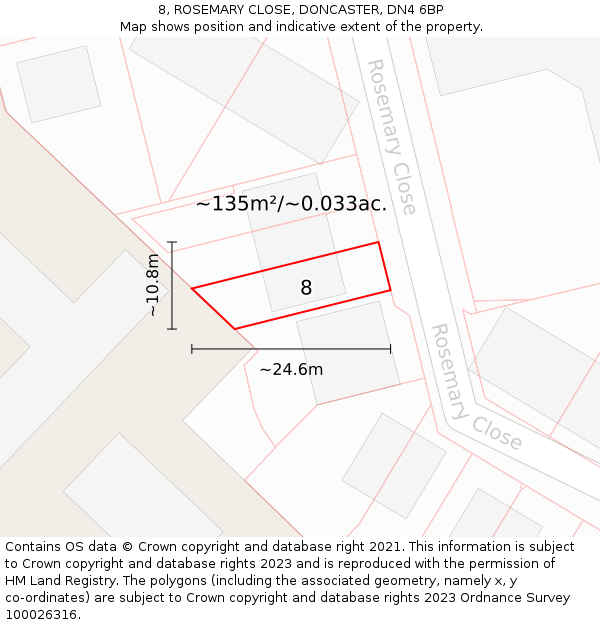 8, ROSEMARY CLOSE, DONCASTER, DN4 6BP: Plot and title map