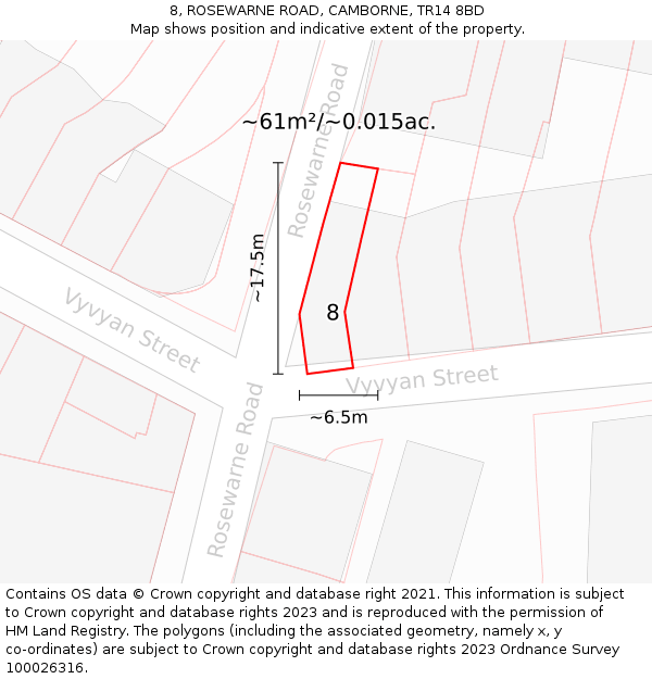 8, ROSEWARNE ROAD, CAMBORNE, TR14 8BD: Plot and title map