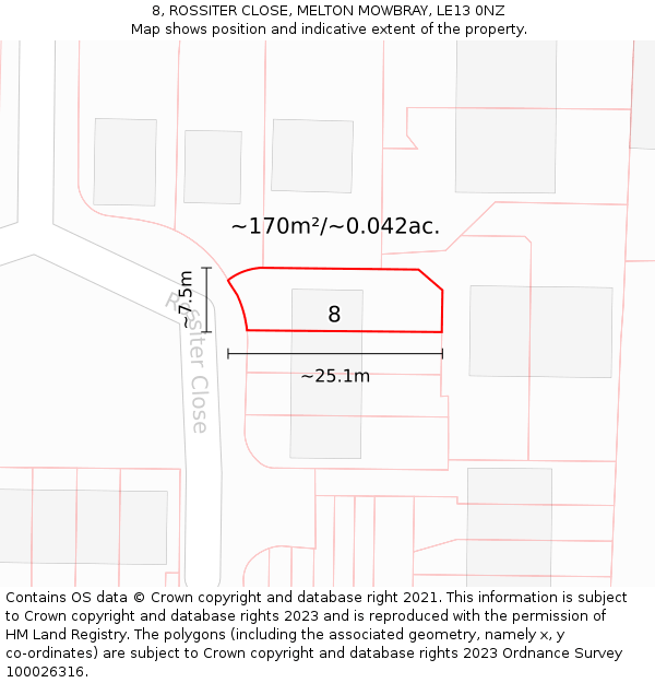 8, ROSSITER CLOSE, MELTON MOWBRAY, LE13 0NZ: Plot and title map