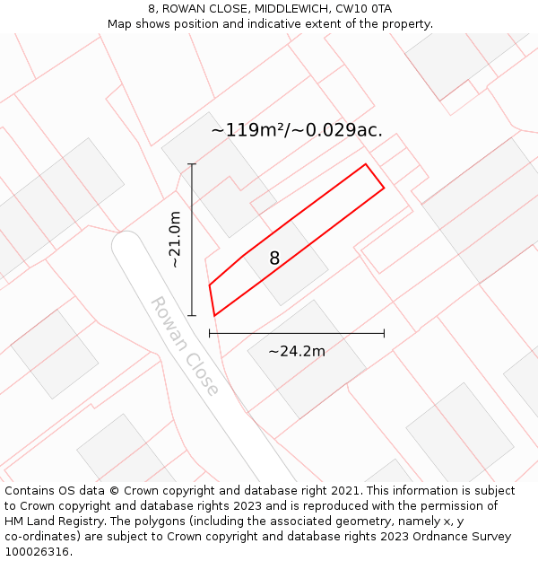 8, ROWAN CLOSE, MIDDLEWICH, CW10 0TA: Plot and title map