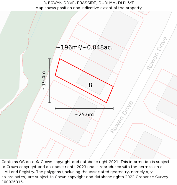 8, ROWAN DRIVE, BRASSIDE, DURHAM, DH1 5YE: Plot and title map