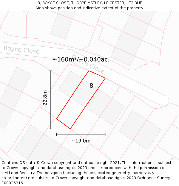 8, ROYCE CLOSE, THORPE ASTLEY, LEICESTER, LE3 3UF: Plot and title map