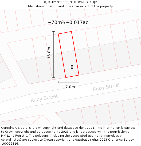 8, RUBY STREET, SHILDON, DL4 1JD: Plot and title map