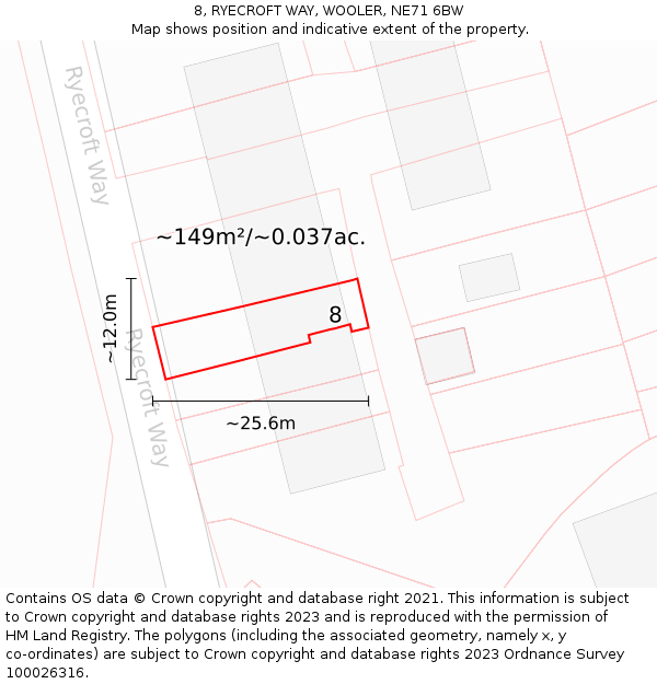 8, RYECROFT WAY, WOOLER, NE71 6BW: Plot and title map