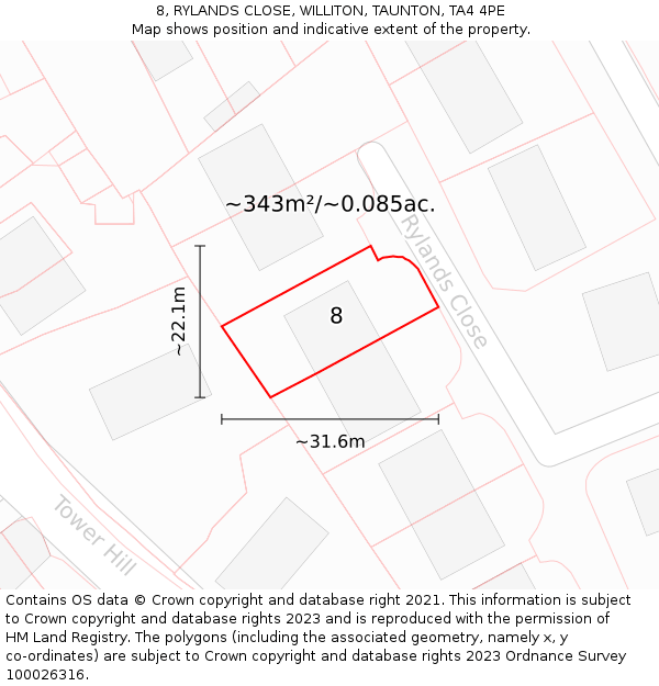 8, RYLANDS CLOSE, WILLITON, TAUNTON, TA4 4PE: Plot and title map