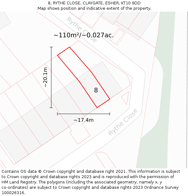 8, RYTHE CLOSE, CLAYGATE, ESHER, KT10 9DD: Plot and title map