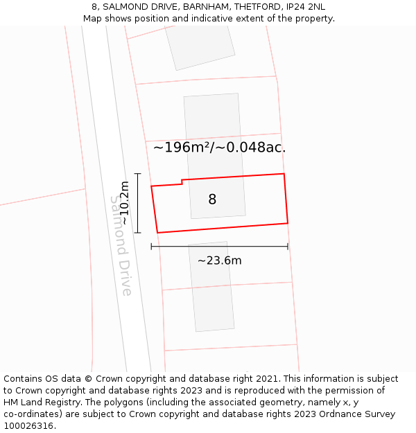 8, SALMOND DRIVE, BARNHAM, THETFORD, IP24 2NL: Plot and title map
