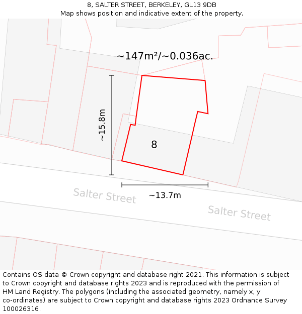 8, SALTER STREET, BERKELEY, GL13 9DB: Plot and title map