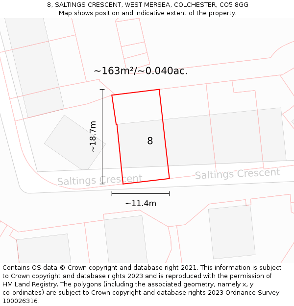 8, SALTINGS CRESCENT, WEST MERSEA, COLCHESTER, CO5 8GG: Plot and title map