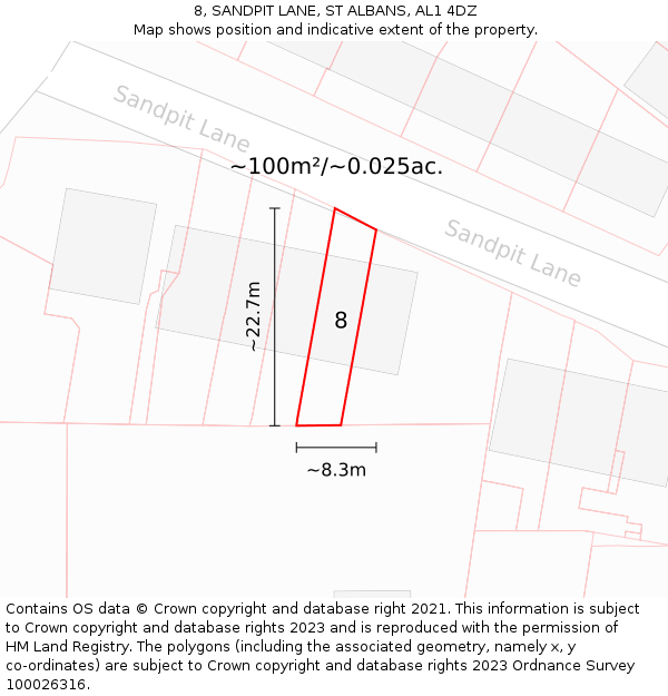 8, SANDPIT LANE, ST ALBANS, AL1 4DZ: Plot and title map