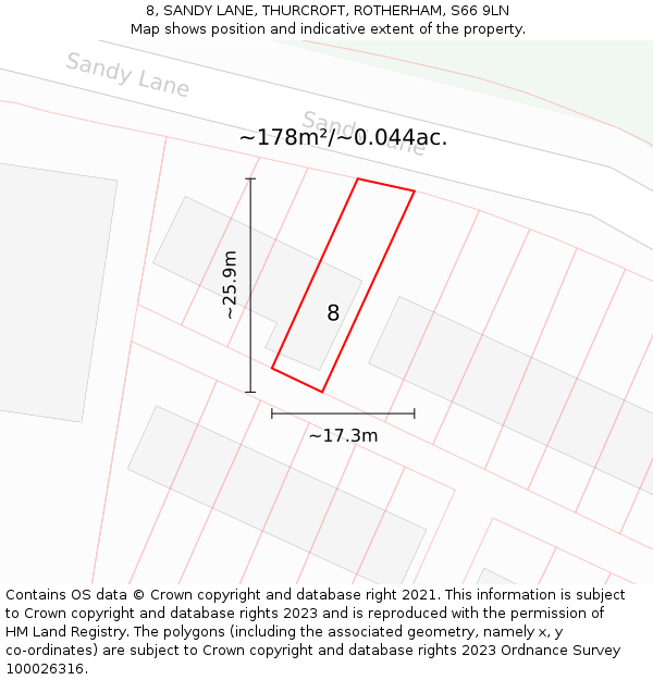 8, SANDY LANE, THURCROFT, ROTHERHAM, S66 9LN: Plot and title map