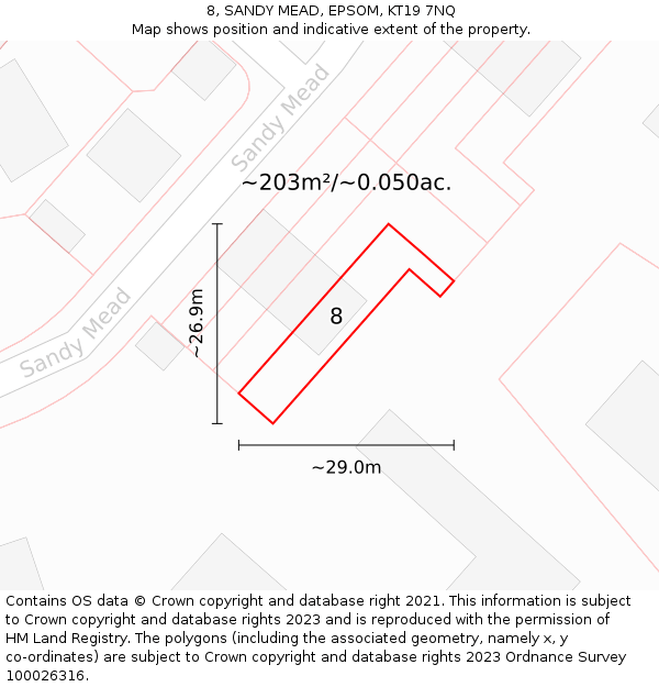 8, SANDY MEAD, EPSOM, KT19 7NQ: Plot and title map