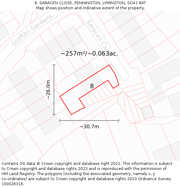 8, SARACEN CLOSE, PENNINGTON, LYMINGTON, SO41 8AT: Plot and title map
