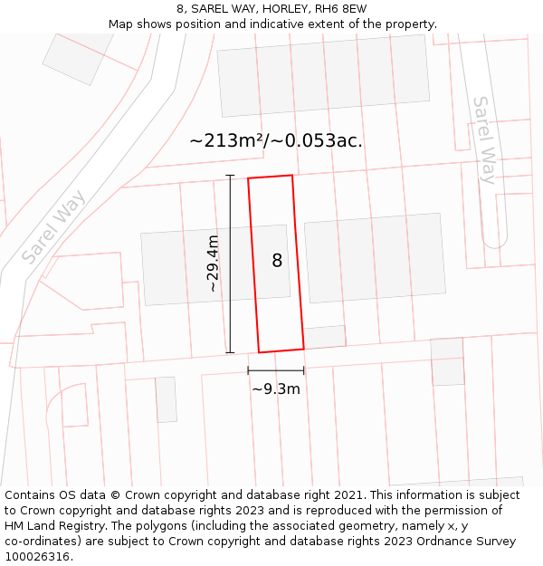 8, SAREL WAY, HORLEY, RH6 8EW: Plot and title map