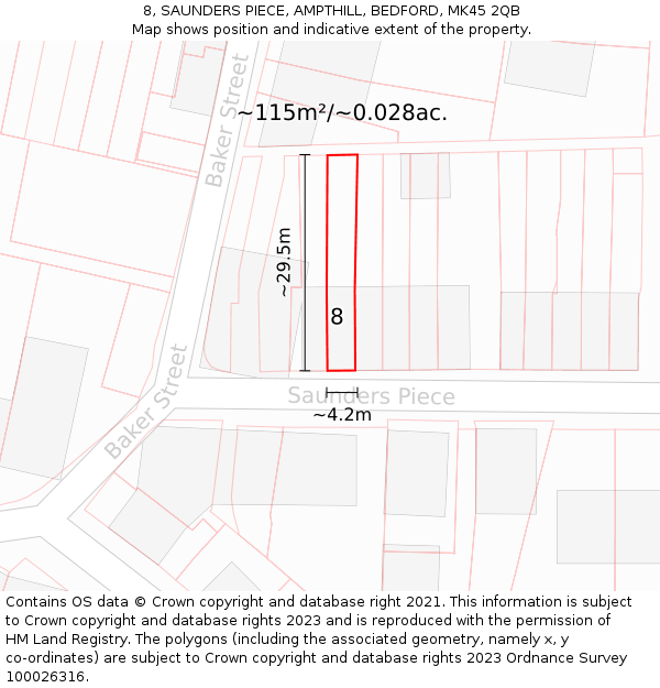 8, SAUNDERS PIECE, AMPTHILL, BEDFORD, MK45 2QB: Plot and title map
