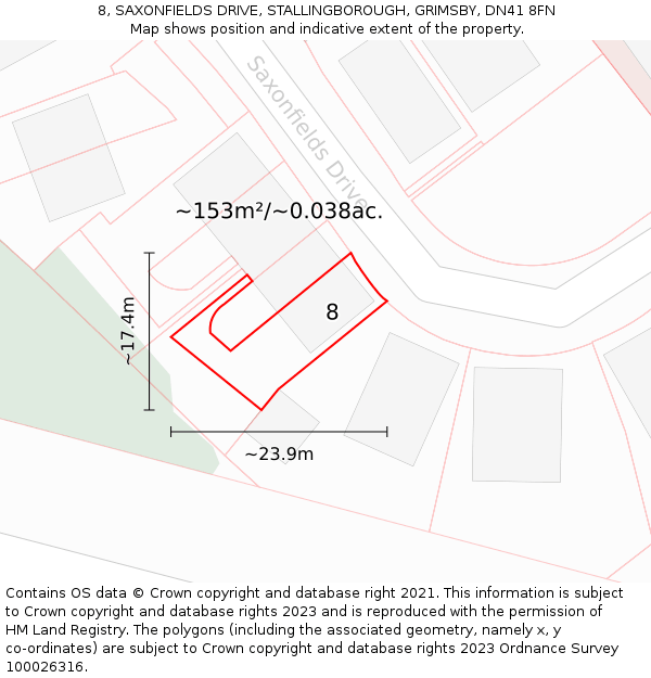 8, SAXONFIELDS DRIVE, STALLINGBOROUGH, GRIMSBY, DN41 8FN: Plot and title map