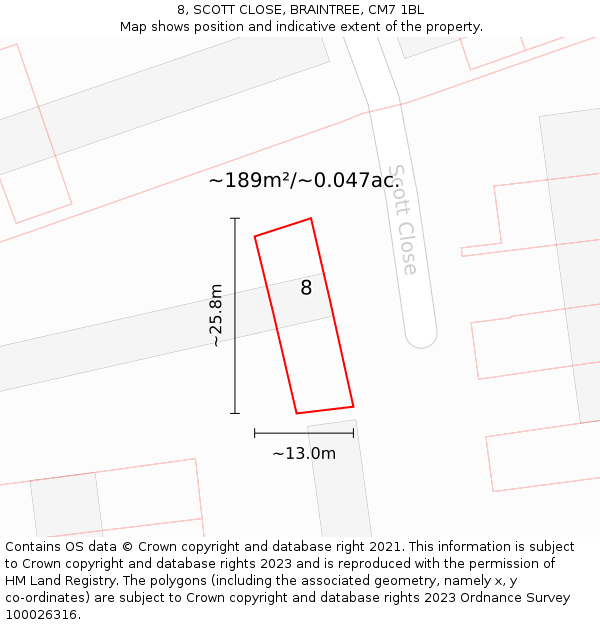 8, SCOTT CLOSE, BRAINTREE, CM7 1BL: Plot and title map