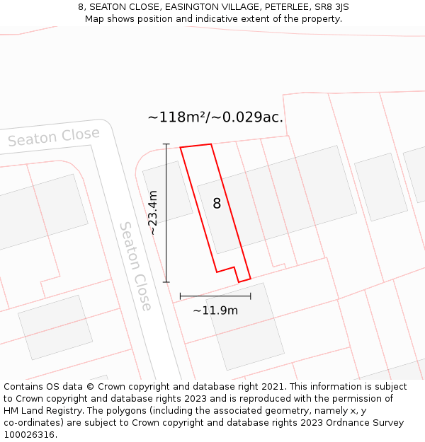 8, SEATON CLOSE, EASINGTON VILLAGE, PETERLEE, SR8 3JS: Plot and title map