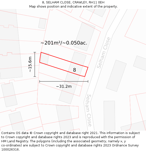 8, SELHAM CLOSE, CRAWLEY, RH11 0EH: Plot and title map