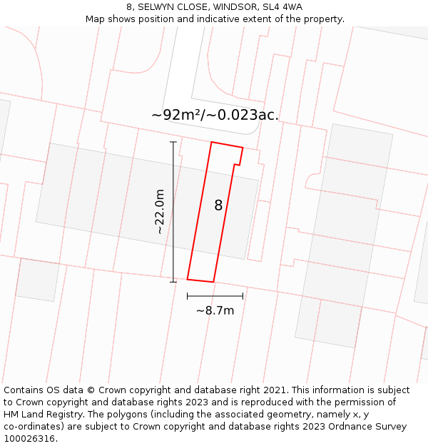 8, SELWYN CLOSE, WINDSOR, SL4 4WA: Plot and title map